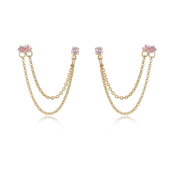 NWOT Ettika double piercing chain dangle earrings pink crystal 18k gold plated - Picture 1 of 4
